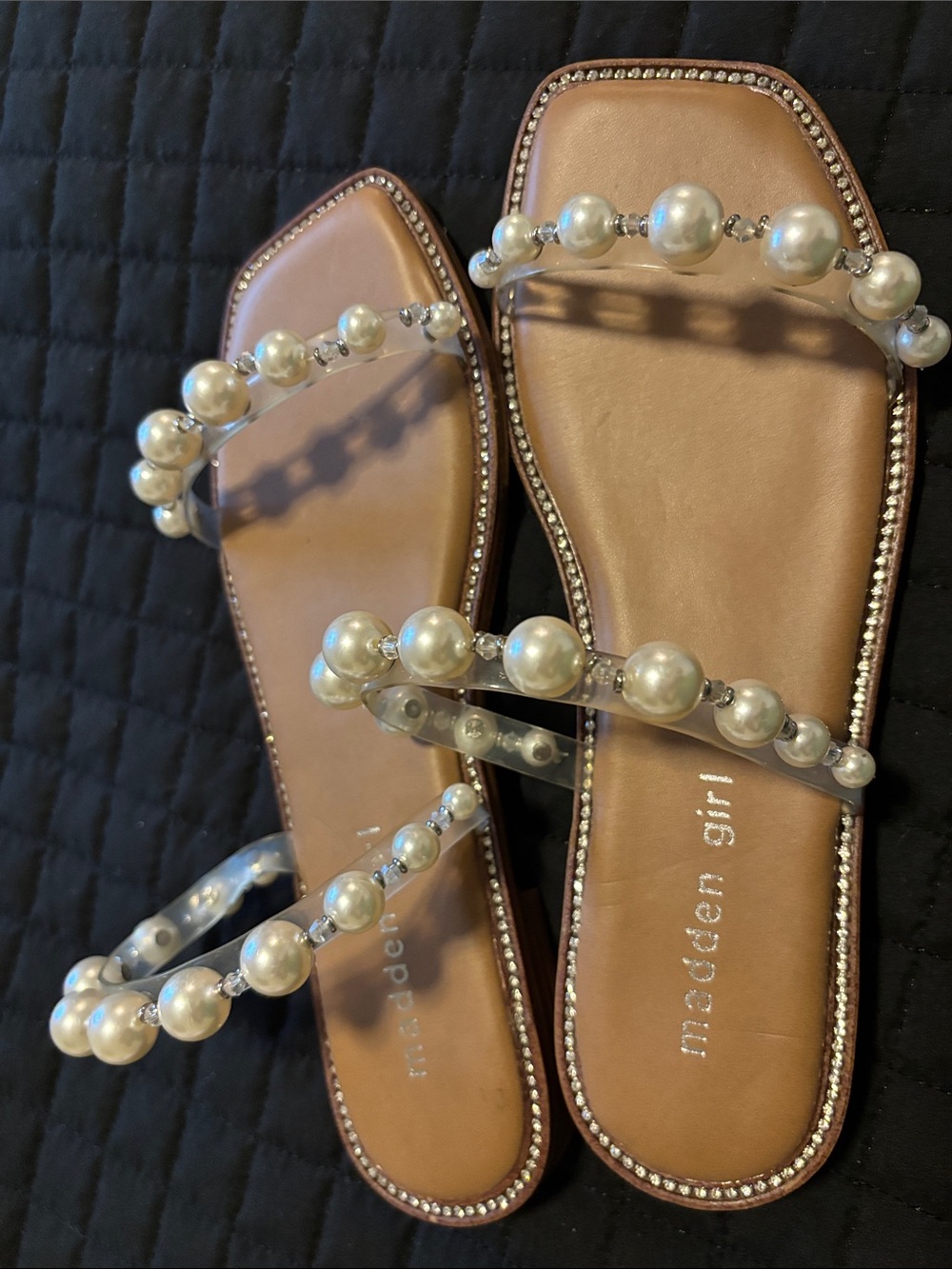 Madden Girl Tan Slide Sandals with Pearl Embellished Clear Straps